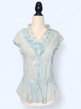 Lace-Trim Button Front Women's Top in Light Mint